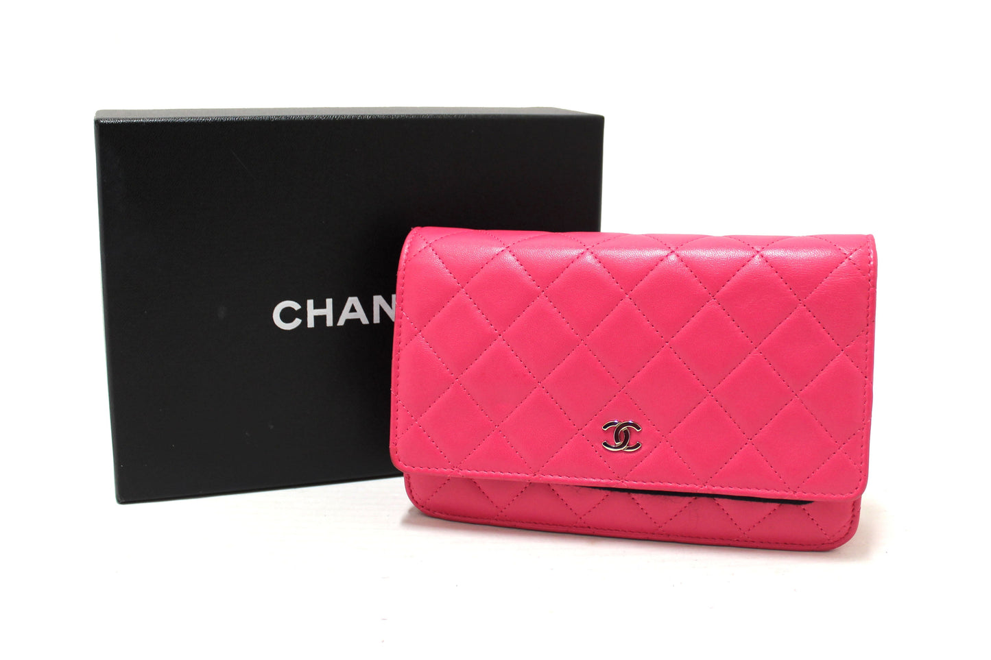 Chanel Fuchsia Pink Quilted Lambskin Leather Wallet On Chain WOC Messenger Bag