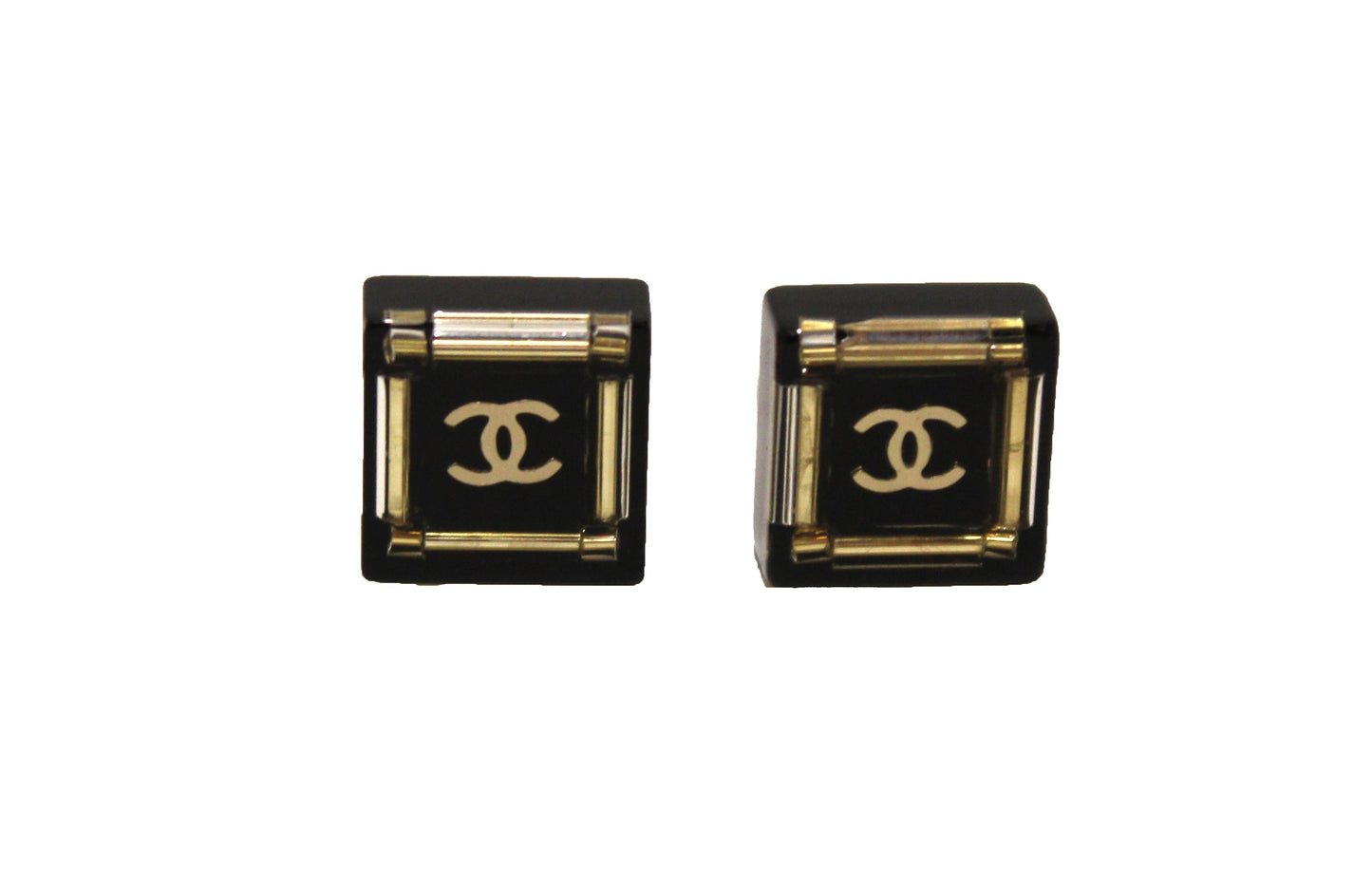 Chanel Black and Gold CC Resin Square Timeless Classic Earrings | Havik Shop.com - Shop Now at Havik Shop.com