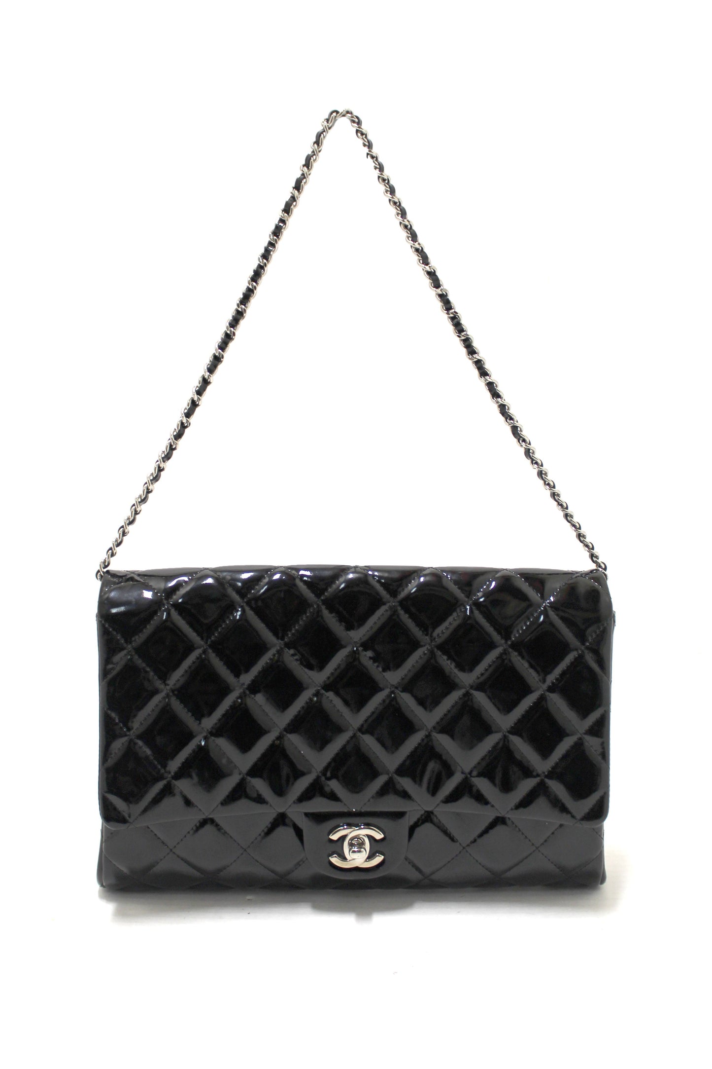 Chanel Classic Quilted Black Patent Leather Flap Shoulder Clutch Bag