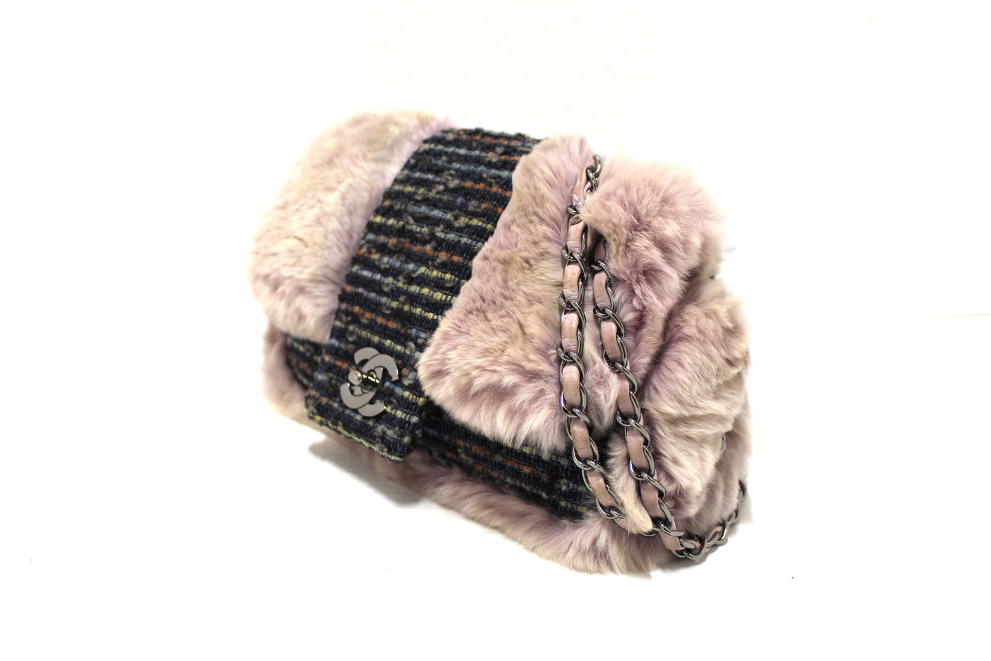 Vintage Chanel Lilac Purple Fur Blue Tweed Flap Chain Shoulder Bag