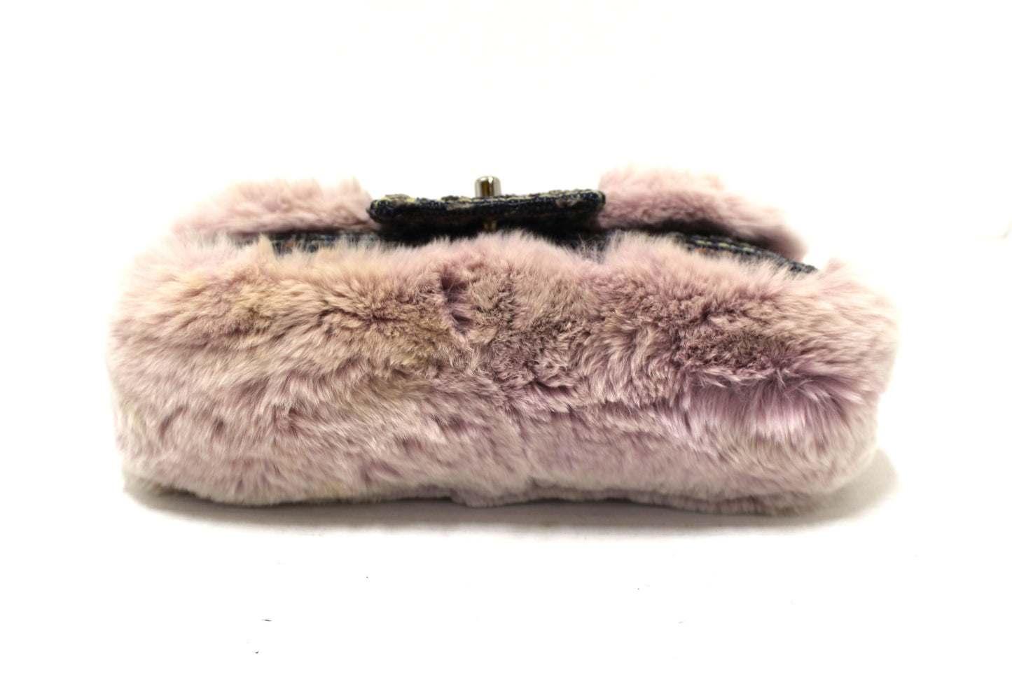 Vintage Chanel Lilac Purple Fur Blue Tweed Flap Chain Shoulder Bag