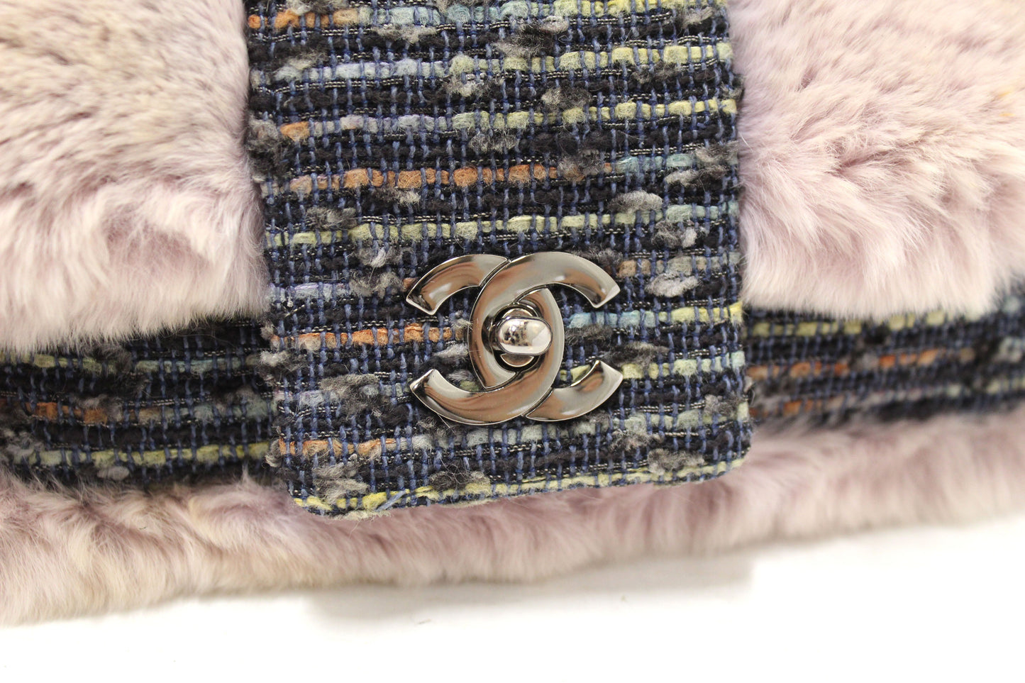 Vintage Chanel Lilac Purple Fur Blue Tweed Flap Chain Shoulder Bag
