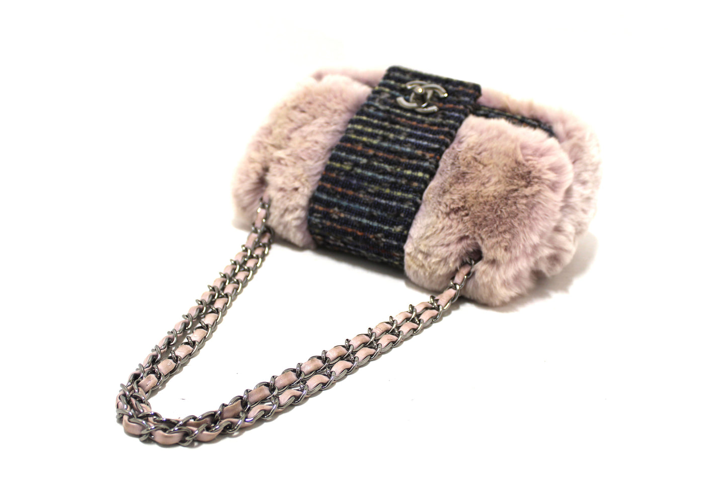 Vintage Chanel Lilac Purple Fur Blue Tweed Flap Chain Shoulder Bag