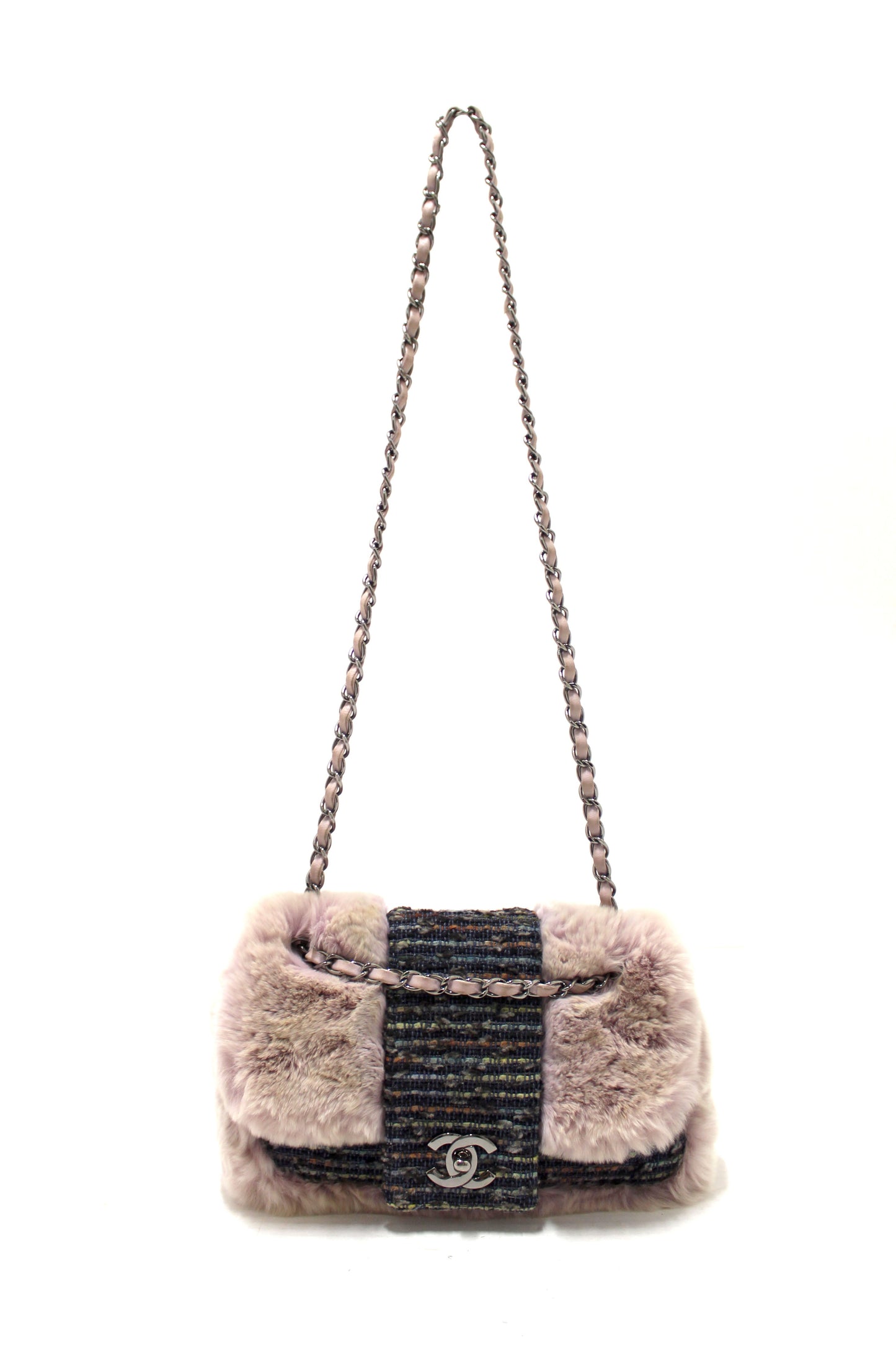 Vintage Chanel Lilac Purple Fur Blue Tweed Flap Chain Shoulder Bag