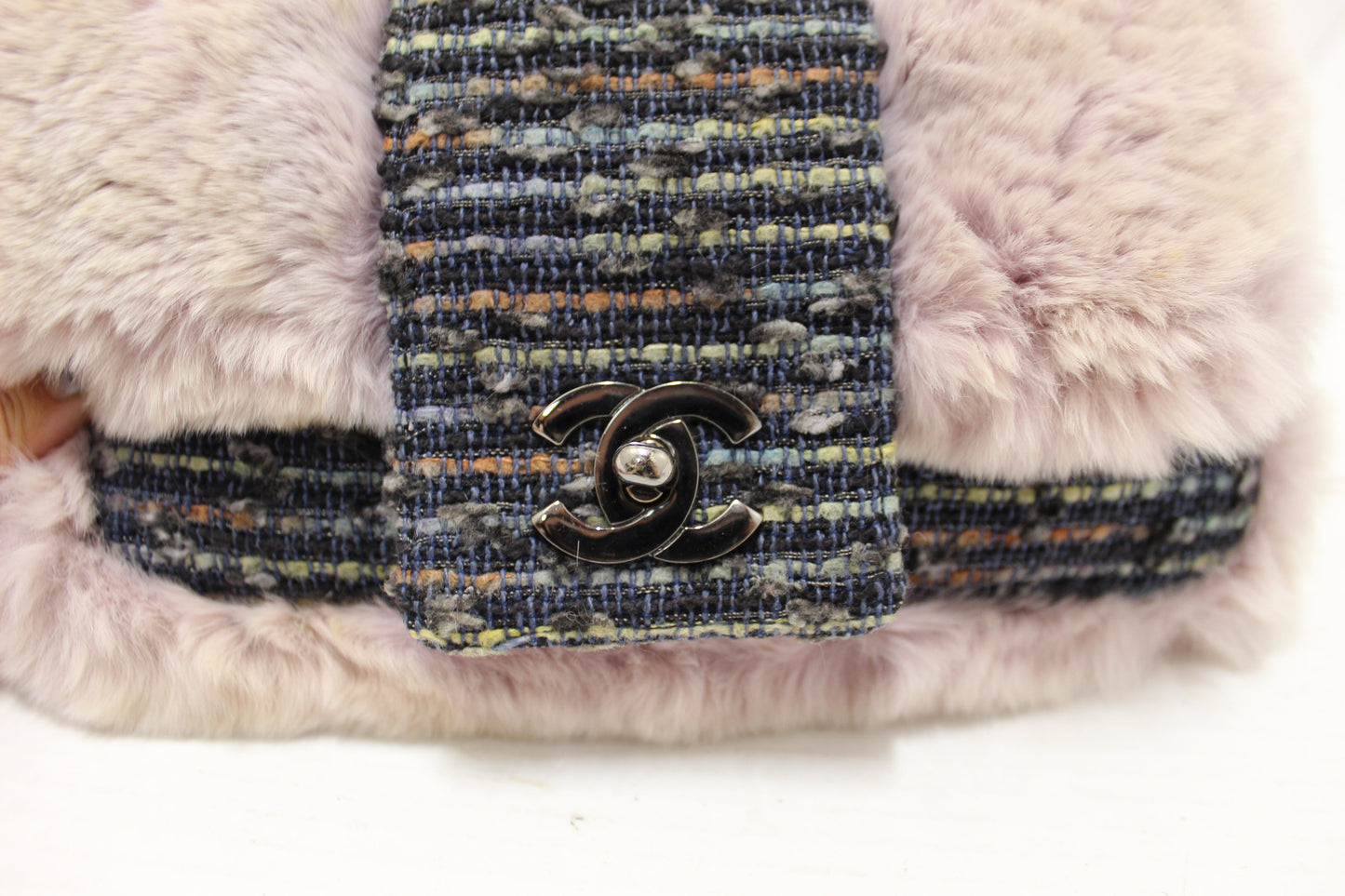 Vintage Chanel Lilac Purple Fur Blue Tweed Flap Chain Shoulder Bag