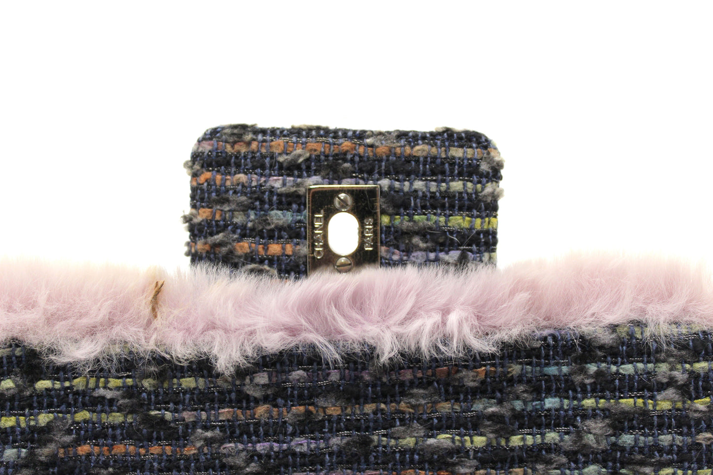 Vintage Chanel Lilac Purple Fur Blue Tweed Flap Chain Shoulder Bag