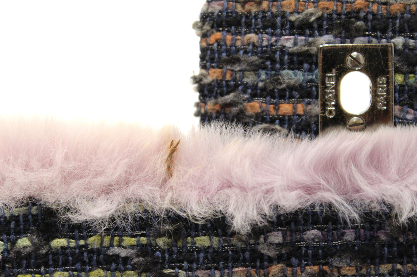 Vintage Chanel Lilac Purple Fur Blue Tweed Flap Chain Shoulder Bag