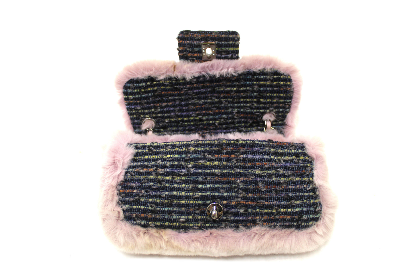 Vintage Chanel Lilac Purple Fur Blue Tweed Flap Chain Shoulder Bag