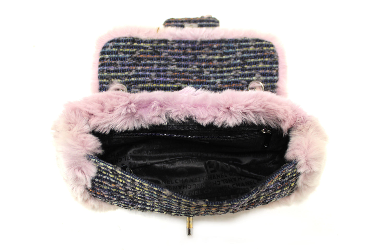 Vintage Chanel Lilac Purple Fur Blue Tweed Flap Chain Shoulder Bag