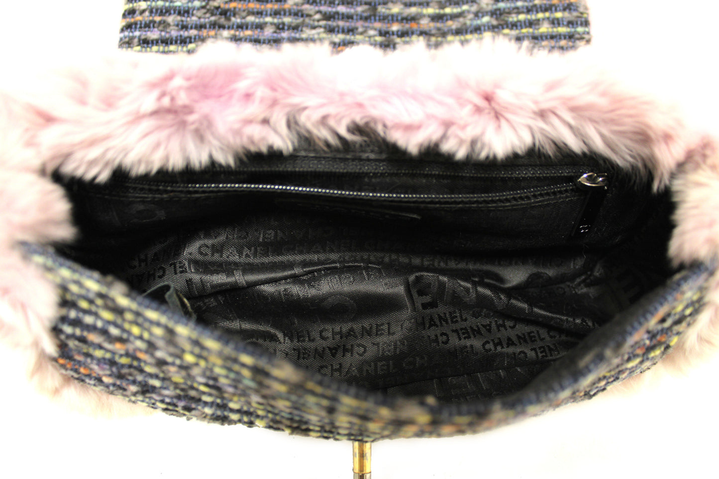 Vintage Chanel Lilac Purple Fur Blue Tweed Flap Chain Shoulder Bag