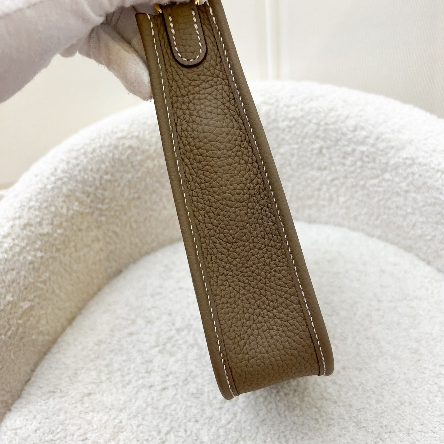 Hermes Mini Evelyne TPM in Etoupe Clemence Leather with Bleu Indigo Strap and GHW