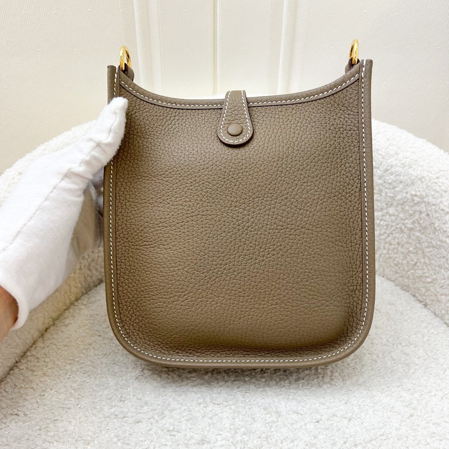 Hermes Mini Evelyne TPM in Etoupe Clemence Leather with Bleu Indigo Strap and GHW