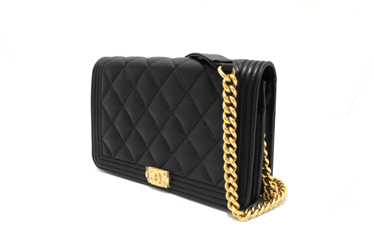Chanel Black Caviar Quilted Leather Boy Wallet On Chain WOC
