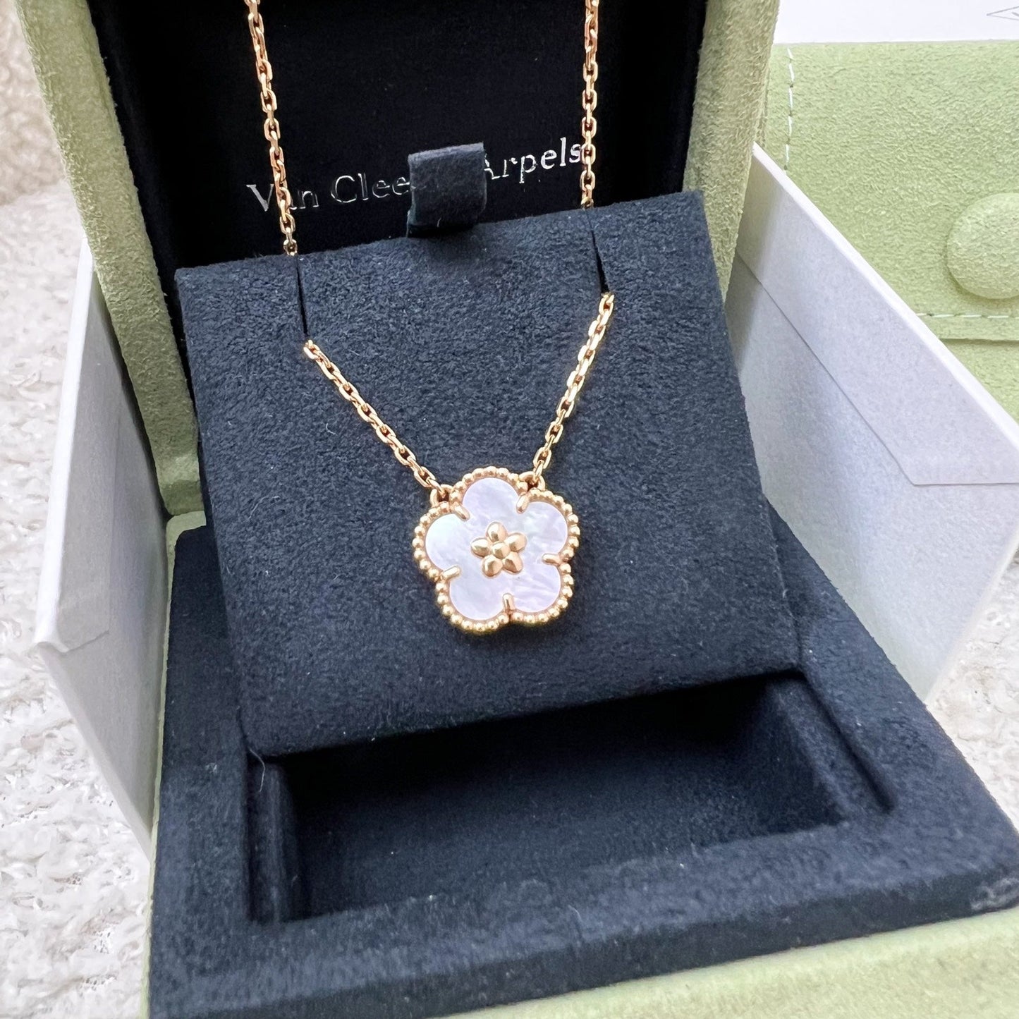 Van Cleef & Arpels VCA Lucky Spring Plum Blossom Pendant Necklace with White Mother of Pearl MOP in 18K Rose Gold