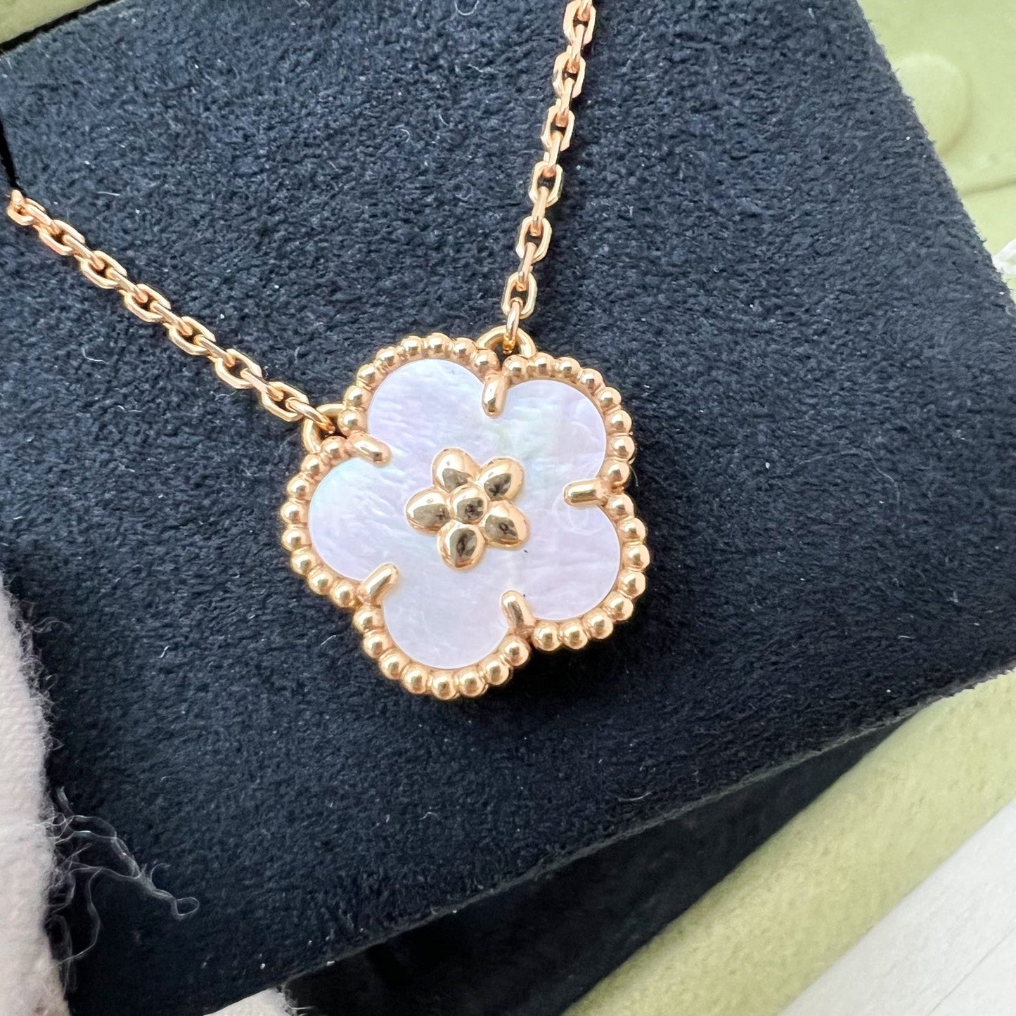 Van Cleef & Arpels VCA Lucky Spring Plum Blossom Pendant Necklace with White Mother of Pearl MOP in 18K Rose Gold