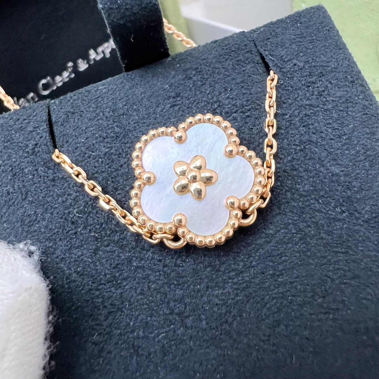 Van Cleef & Arpels VCA Lucky Spring Plum Blossom Pendant Necklace with White Mother of Pearl MOP in 18K Rose Gold