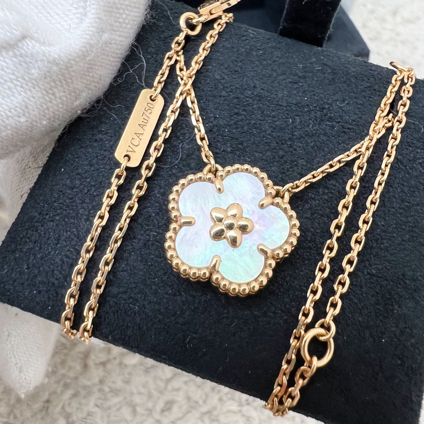 Van Cleef & Arpels VCA Lucky Spring Plum Blossom Pendant Necklace with White Mother of Pearl MOP in 18K Rose Gold