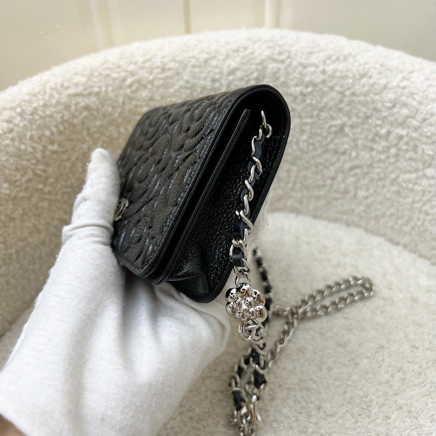 Chanel 20K Camellia Micro Flap / Clutch on Chain Belt Bag in Black Caviar and SHW