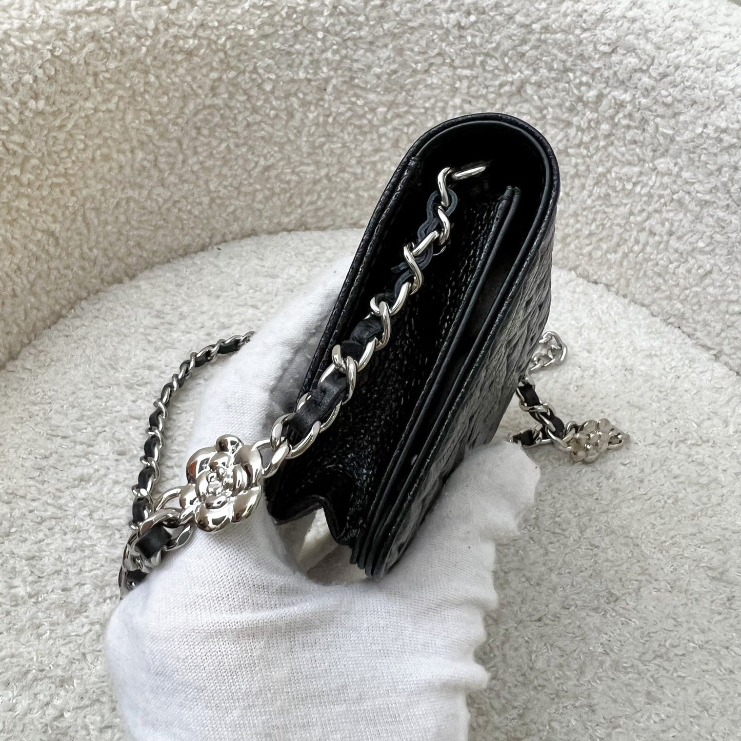 Chanel 20K Camellia Micro Flap / Clutch on Chain Belt Bag in Black Caviar and SHW