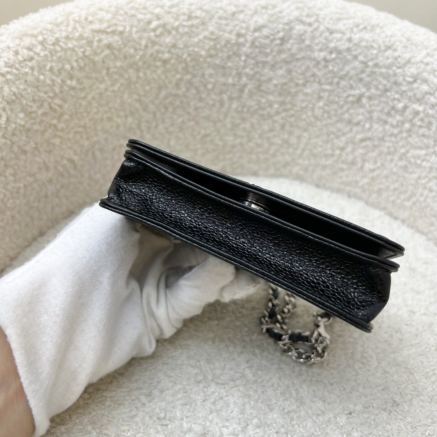Chanel 20K Camellia Micro Flap / Clutch on Chain Belt Bag in Black Caviar and SHW