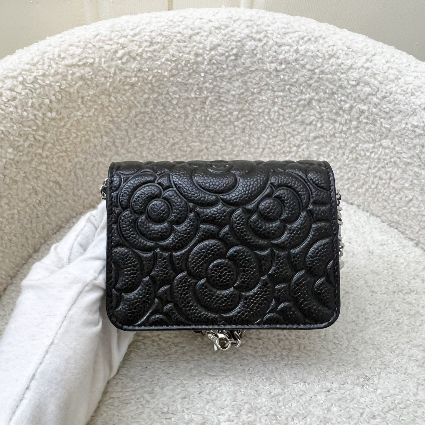 Chanel 20K Camellia Micro Flap / Clutch on Chain Belt Bag in Black Caviar and SHW
