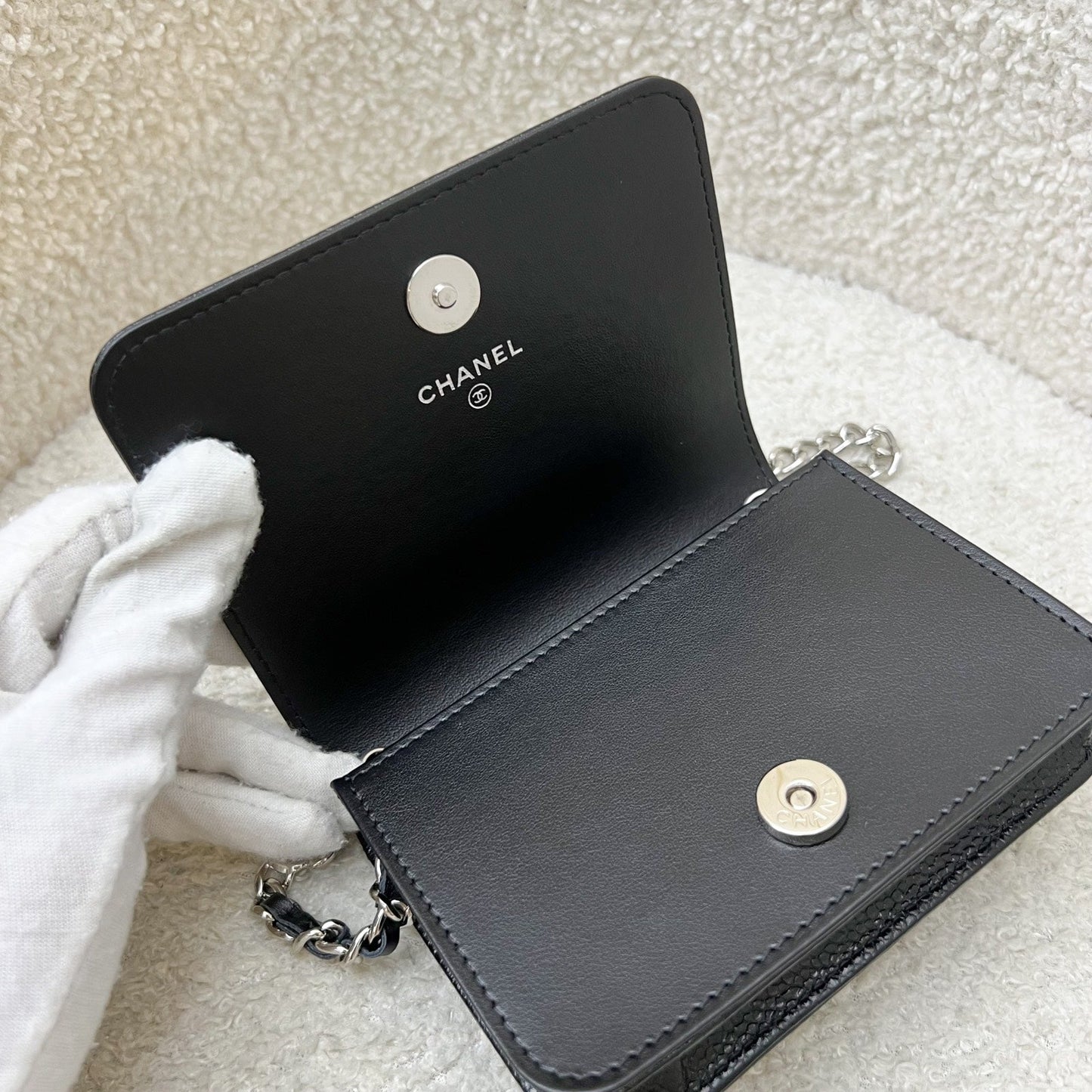 Chanel 20K Camellia Micro Flap / Clutch on Chain Belt Bag in Black Caviar and SHW