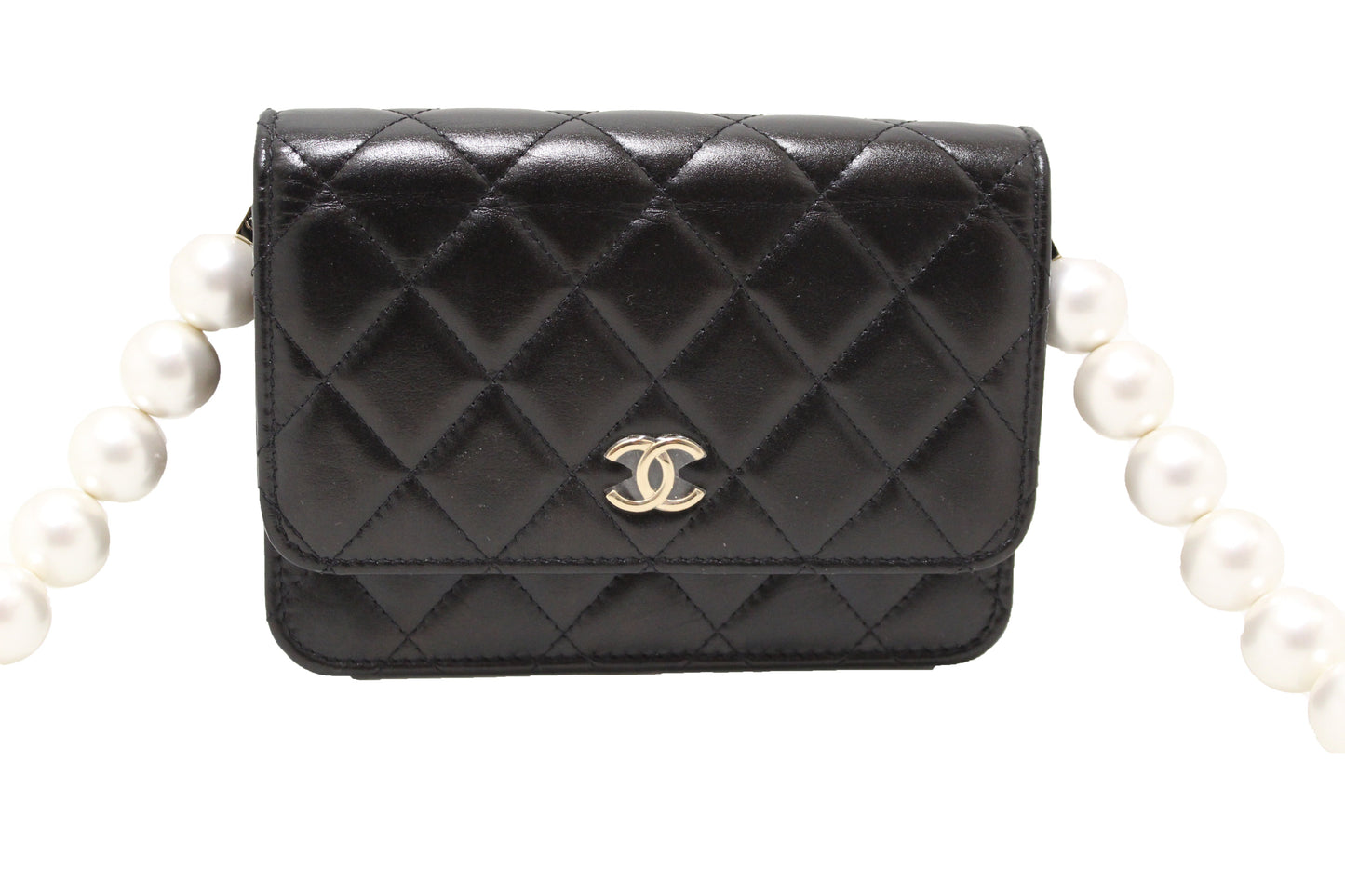 Chanel Black Quilted Calfskin Leather Wallet with Pearl Chain | Havik Shop.com - Shop Now at Havik Shop.com