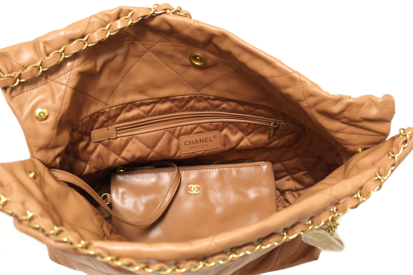 New Chanel 22 Camel Shiny Calfskin Leather Shoulder Tote Bag