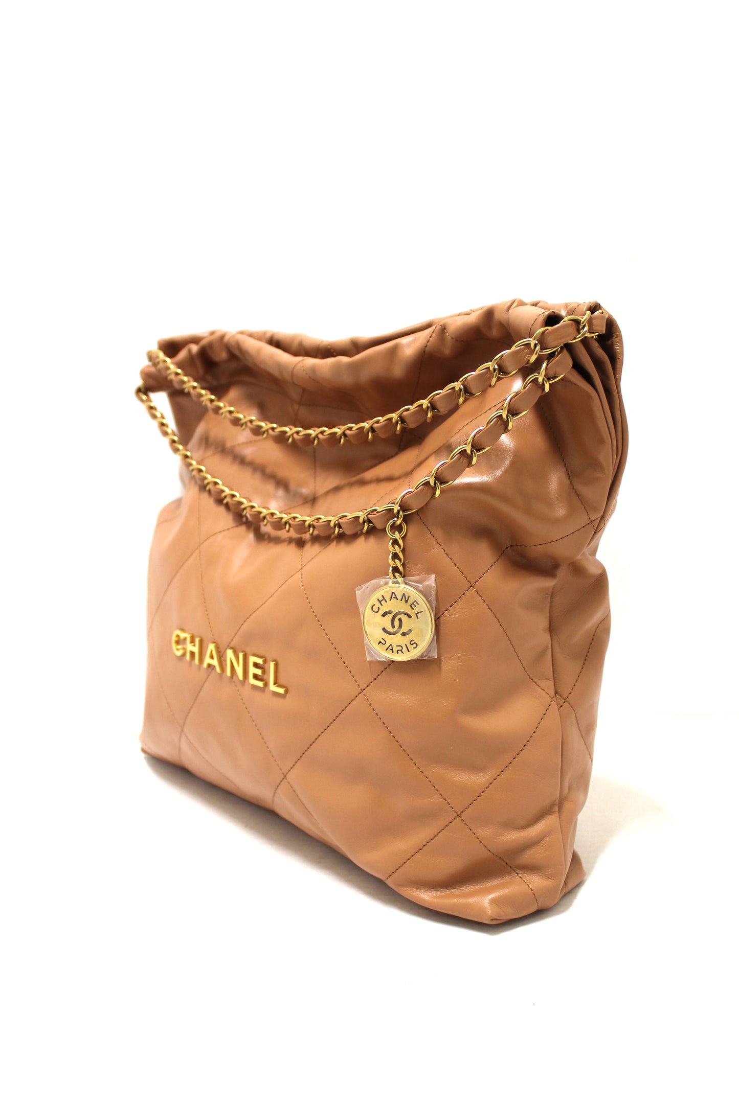 New Chanel 22 Camel Shiny Calfskin Leather Shoulder Tote Bag
