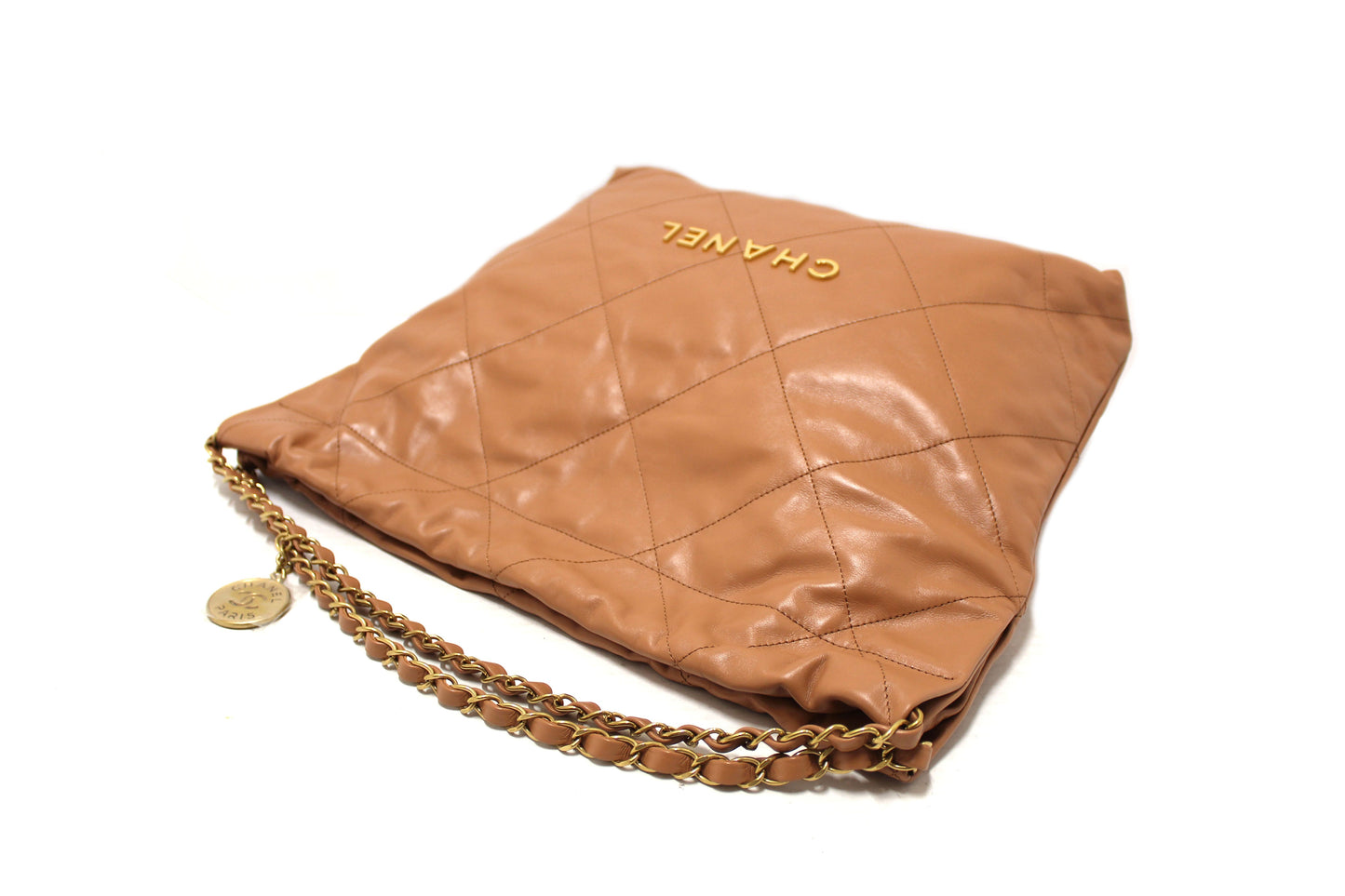 New Chanel 22 Camel Shiny Calfskin Leather Shoulder Tote Bag