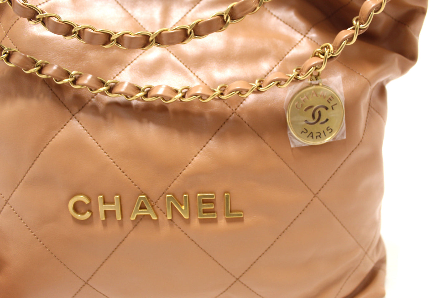 New Chanel 22 Camel Shiny Calfskin Leather Shoulder Tote Bag