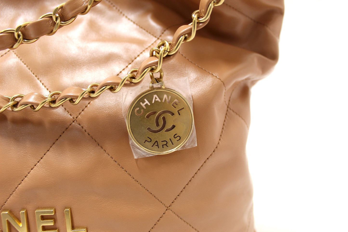 New Chanel 22 Camel Shiny Calfskin Leather Shoulder Tote Bag