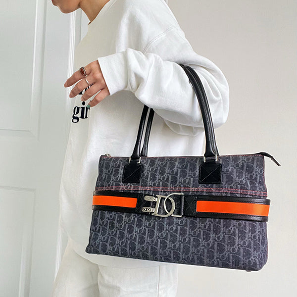 CHRISTIAN DIOR Flightline Denim Trotter Pattern Logo Plate Tote Bag Indigo/Orange