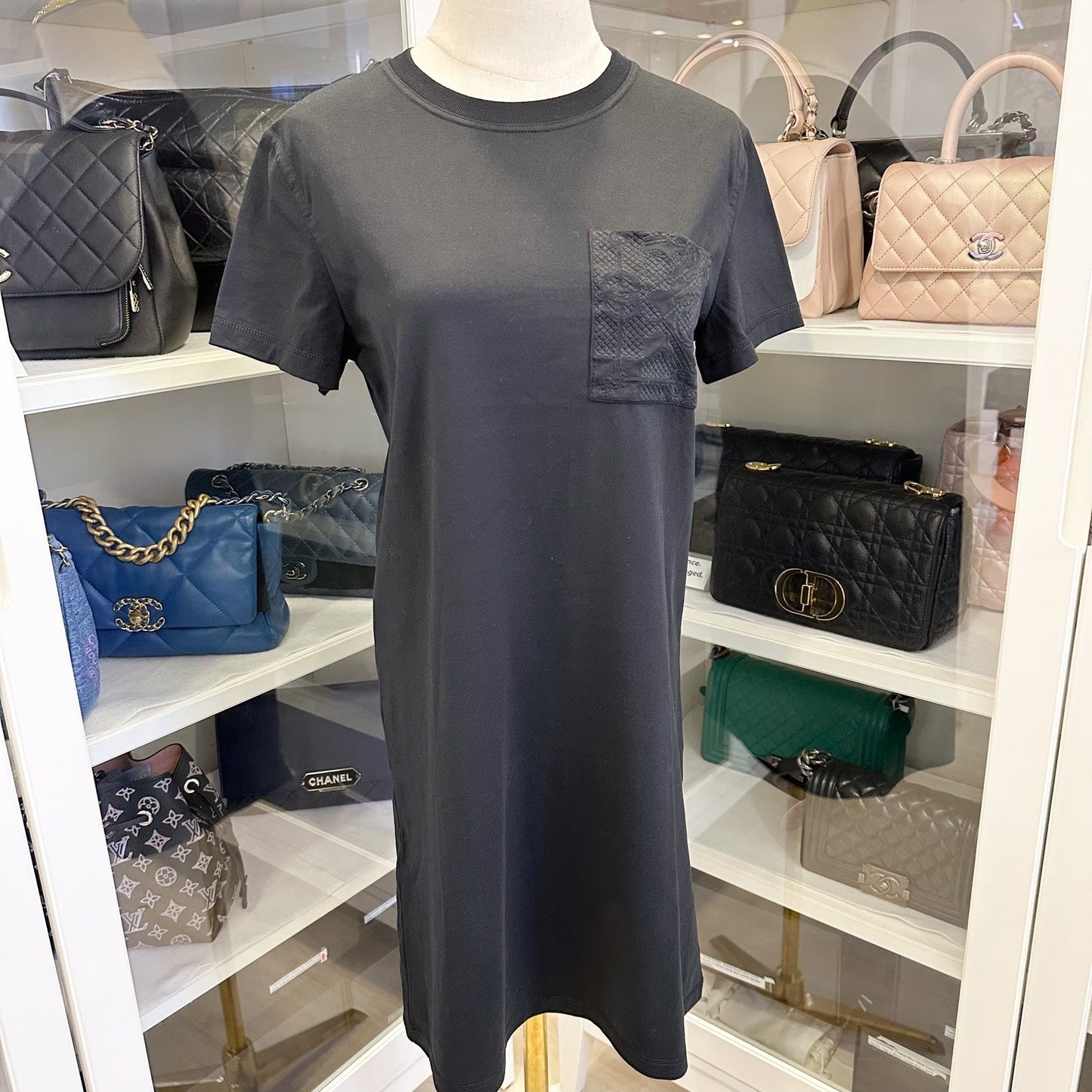 Hermes Straight Dress with Embroidered Pocket in Noir Black 100% Cotton Size 36