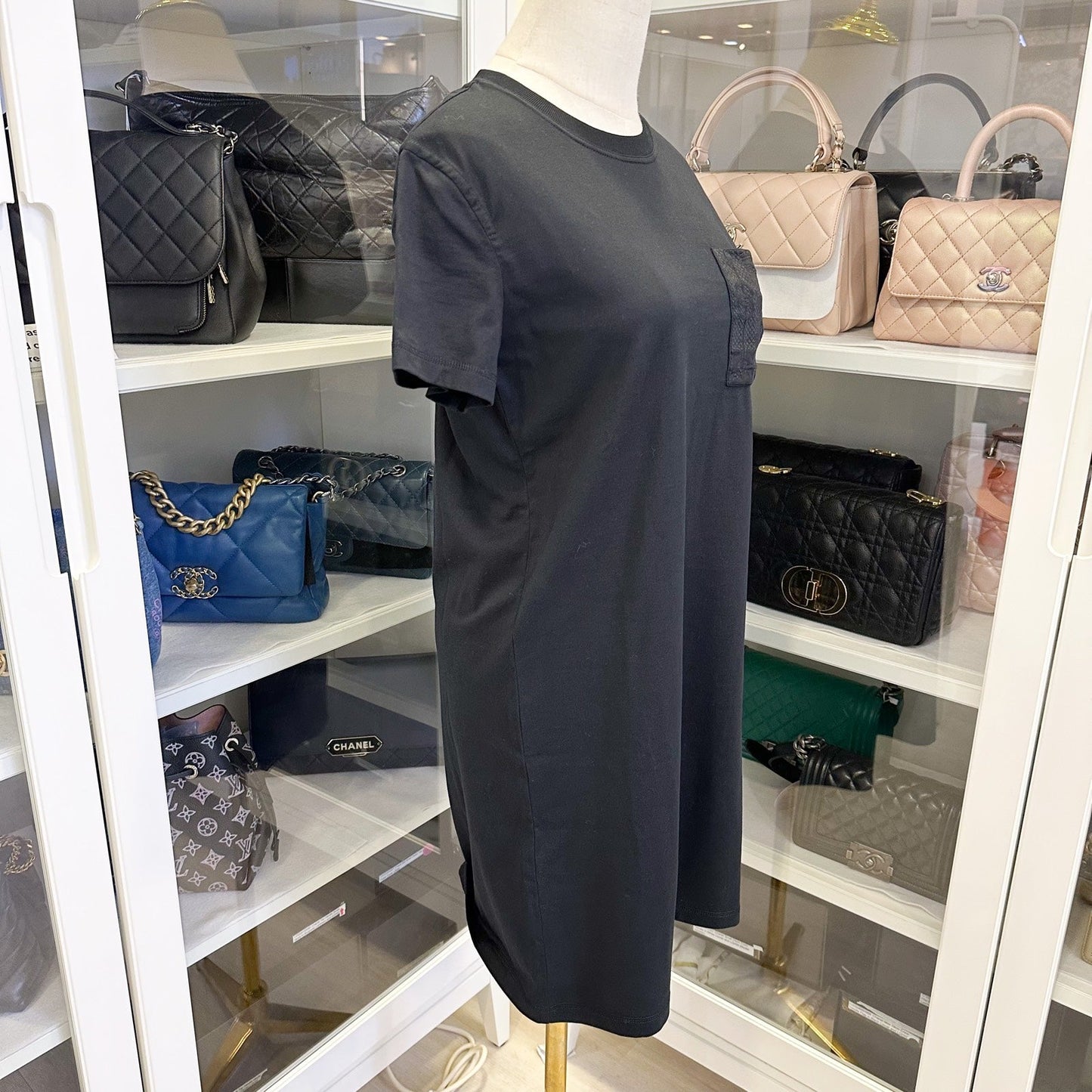 Hermes Straight Dress with Embroidered Pocket in Noir Black 100% Cotton Size 36