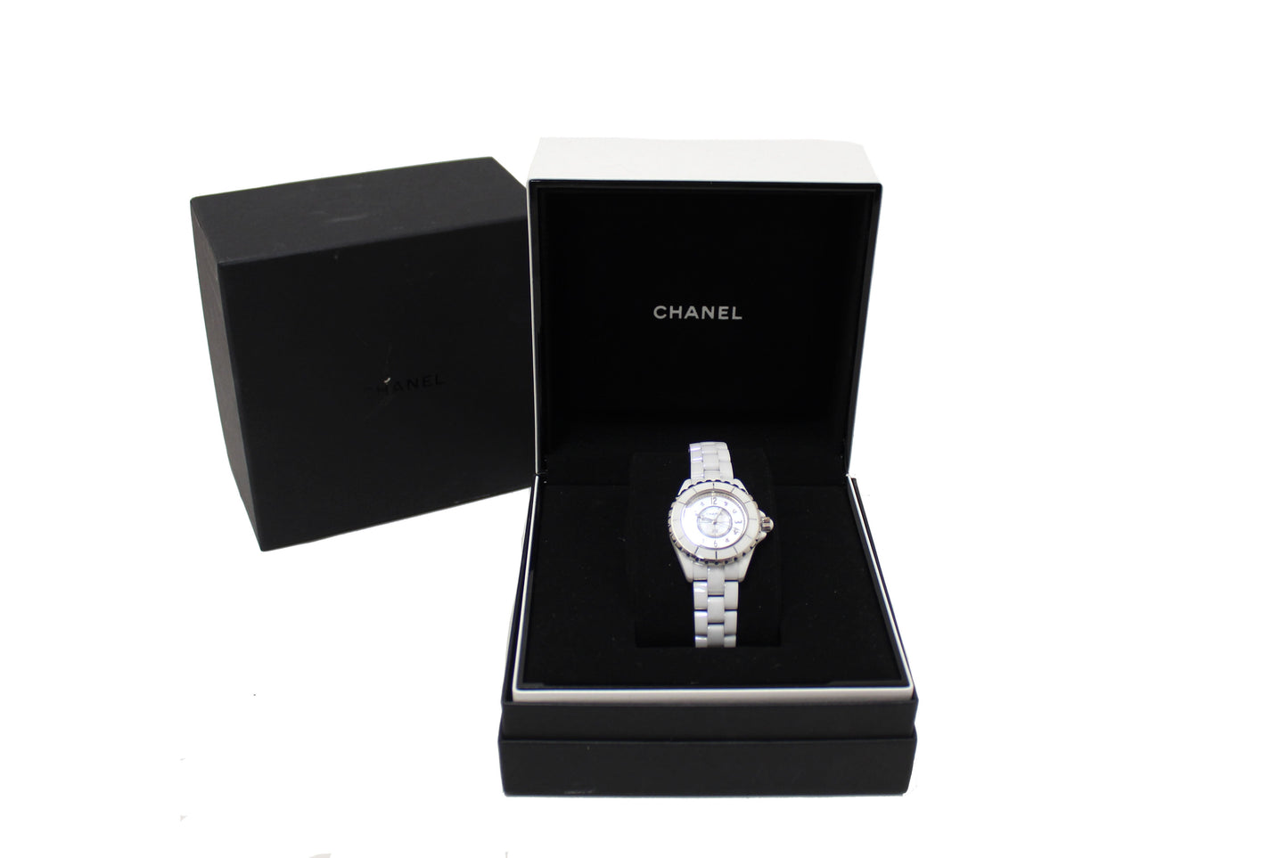Chanel White Ceramic J12 Diamond Quatz Watch 33mm H2422