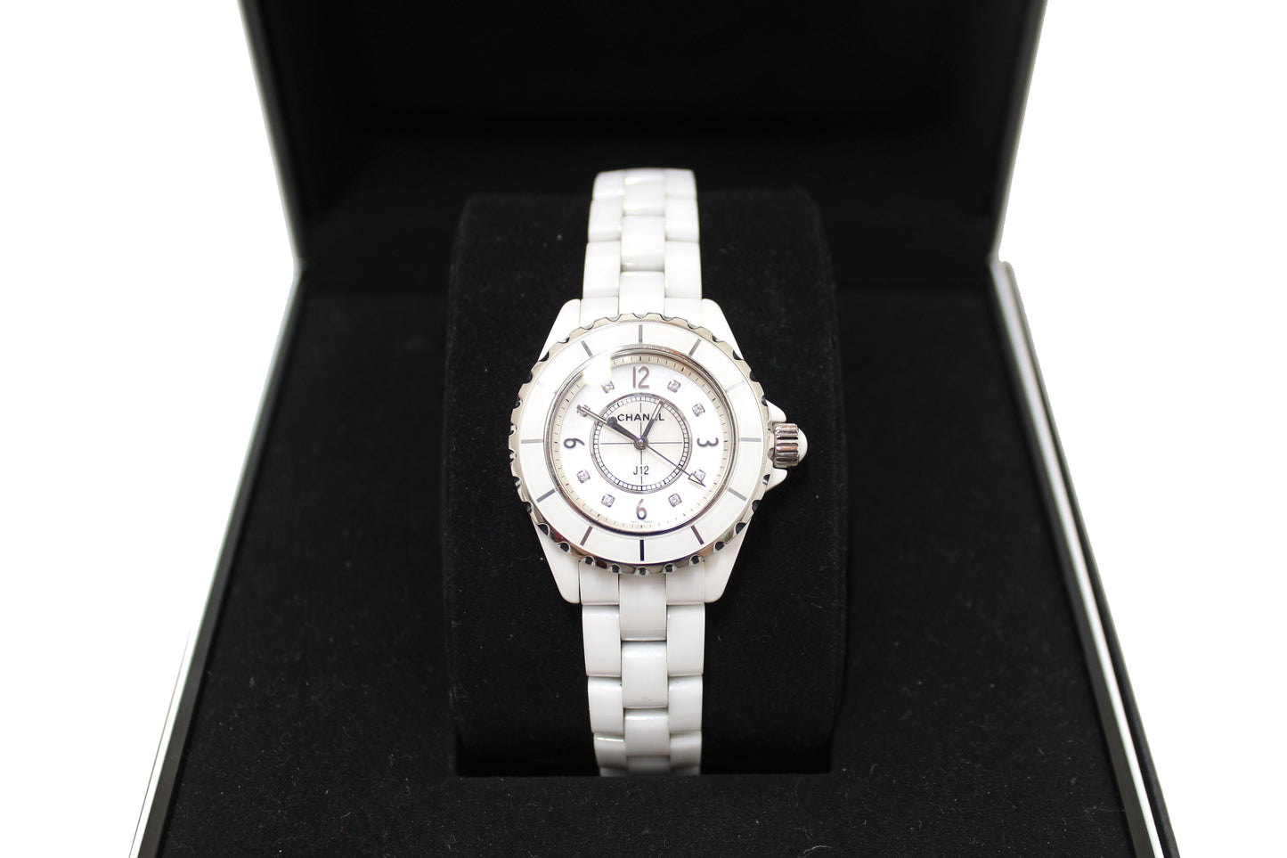 Chanel White Ceramic J12 Diamond Quatz Watch 33mm H2422