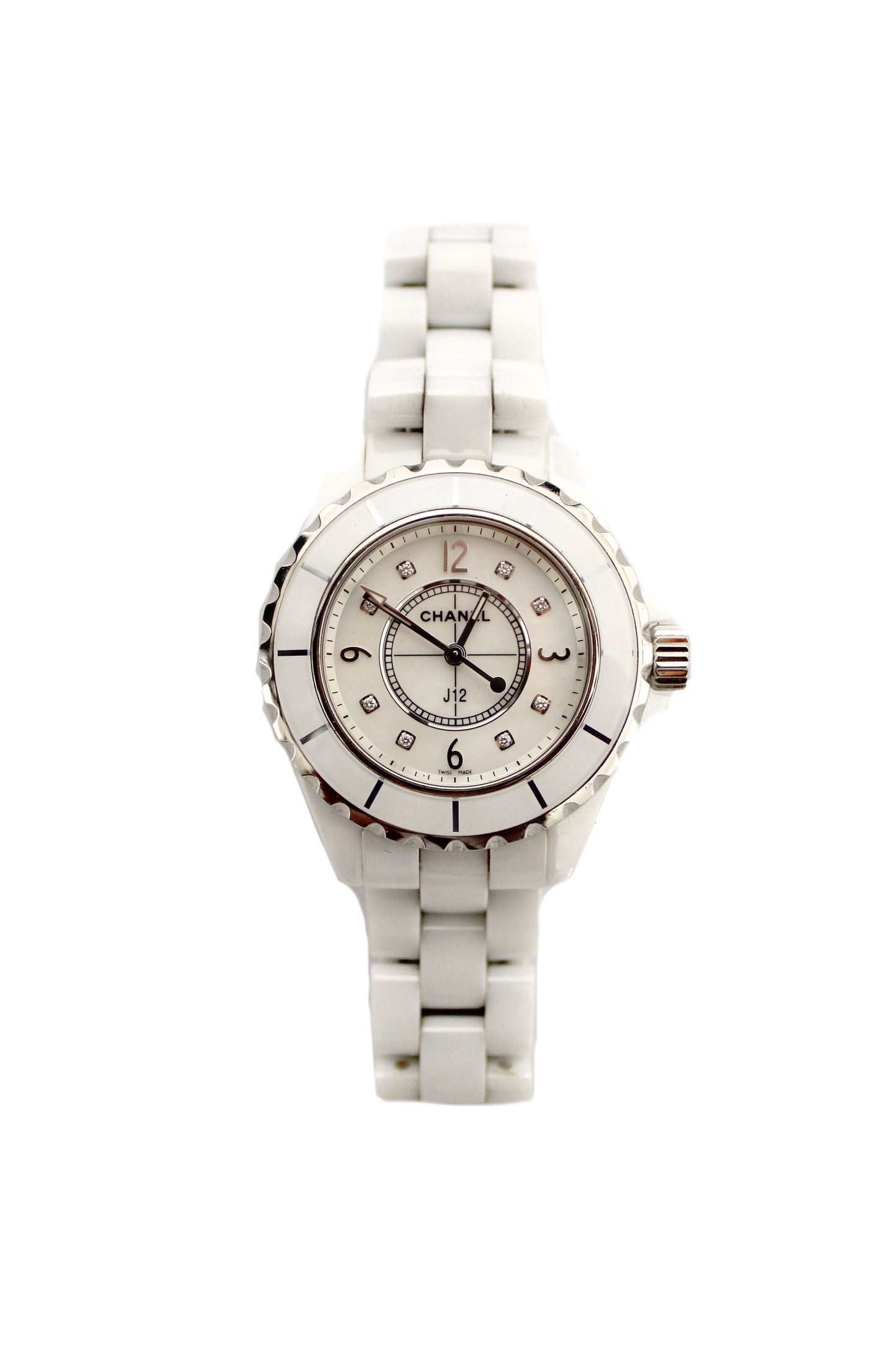 Chanel White Ceramic J12 Diamond Quatz Watch 33mm H2422