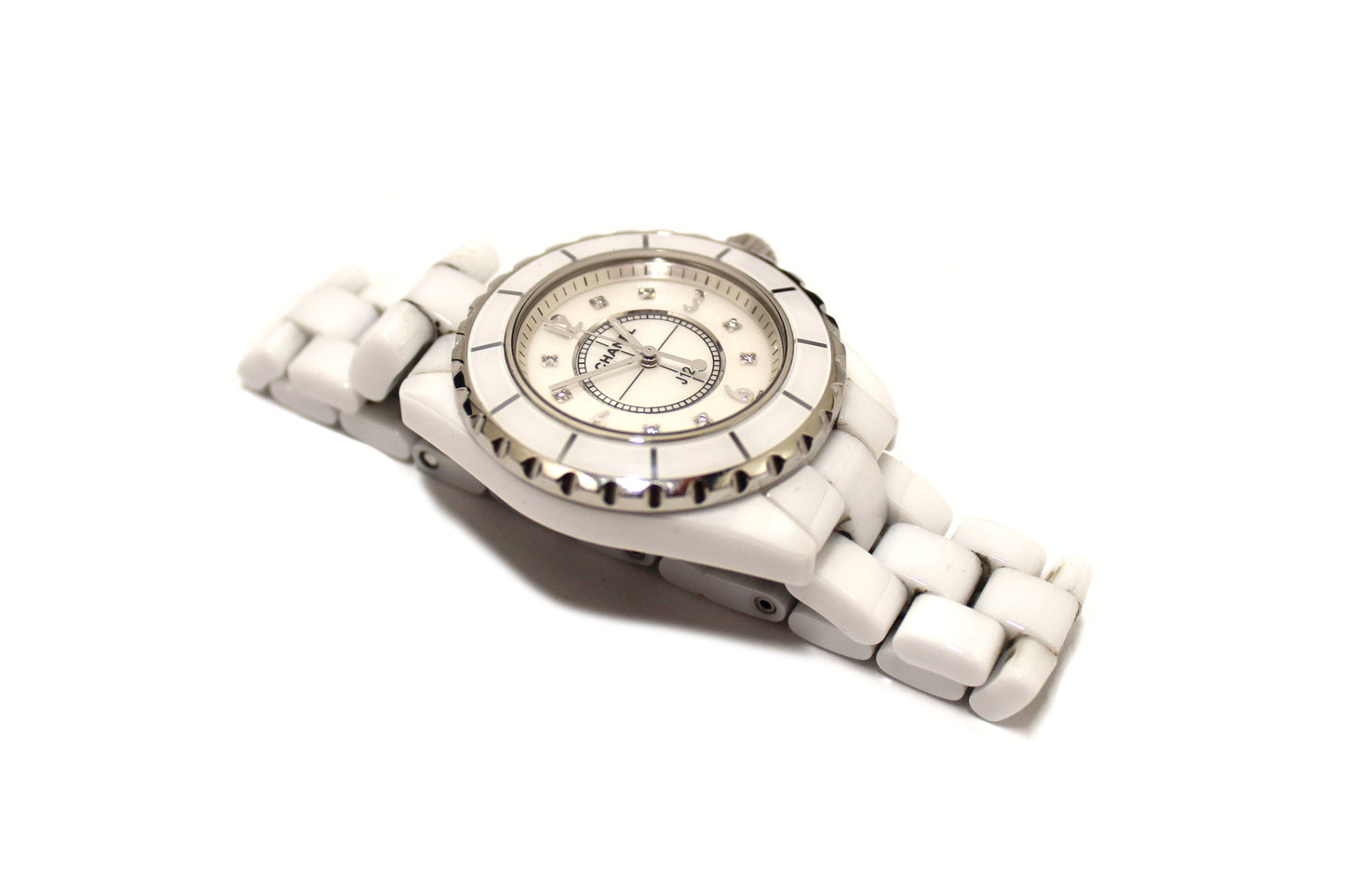 Chanel White Ceramic J12 Diamond Quatz Watch 33mm H2422