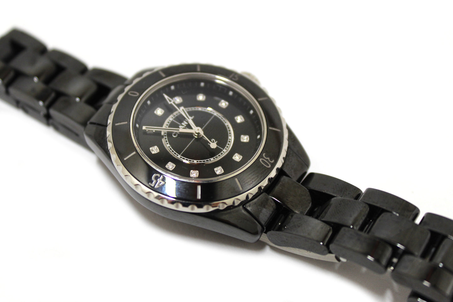 Chanel Black Ceramic J12 Diamond Quatz Watch 33mm H2422
