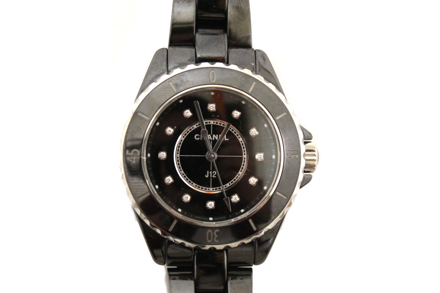 Chanel Black Ceramic J12 Diamond Quatz Watch 33mm H2422