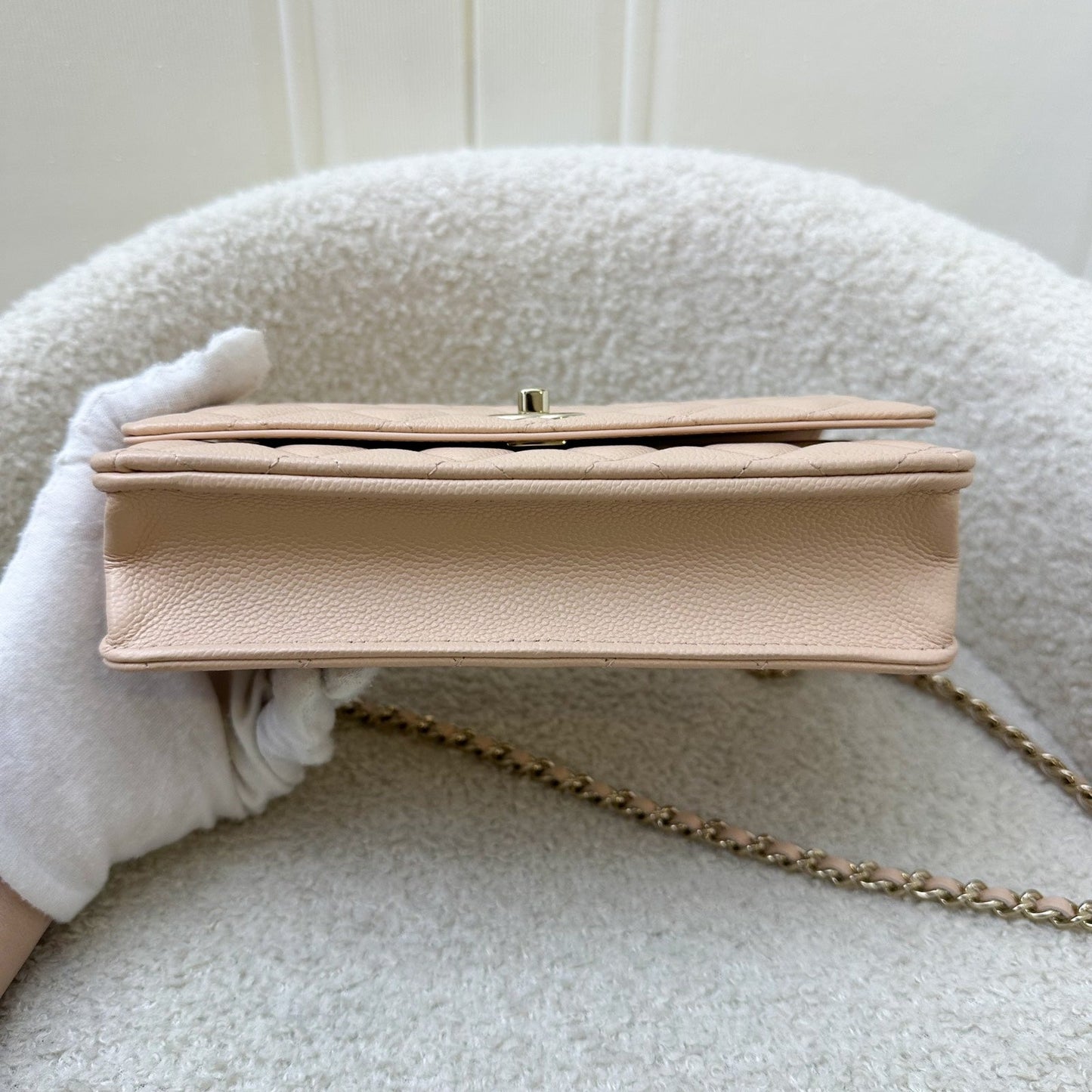 Chanel 23S Ribbon Chain Wallet on Chain WOC in Beige Caviar LGHW