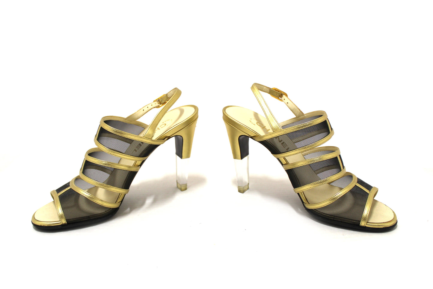 Chanel Gold Leather and Black Mesh Lucite Heel Sandals Size 38