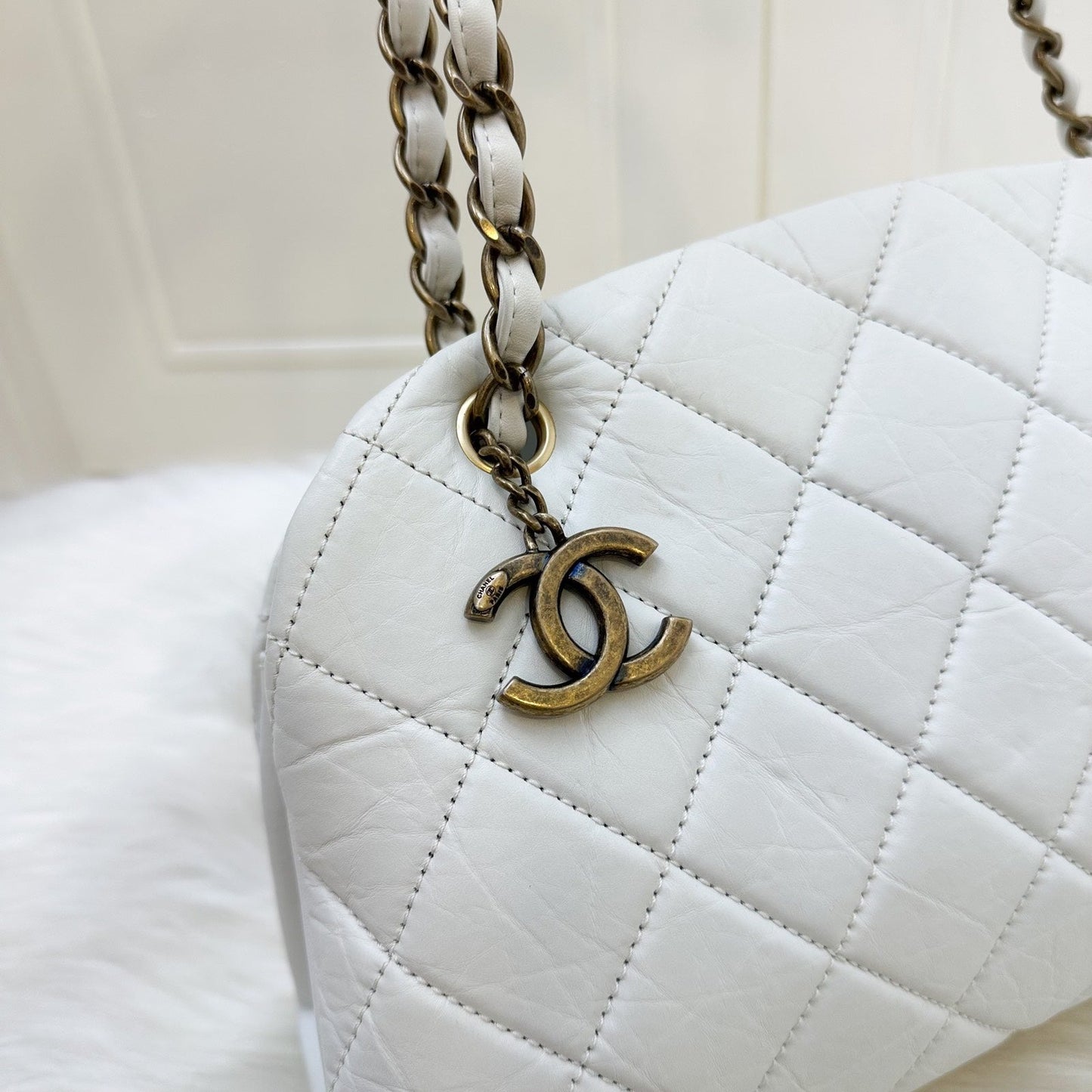 Chanel Just Mademoiselle Bowling Bag in White Calfskin and AGHW