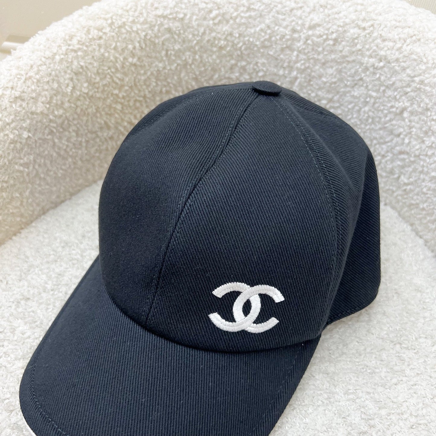 Chanel Baseball Cap with White Embroidered CC Logo in Black