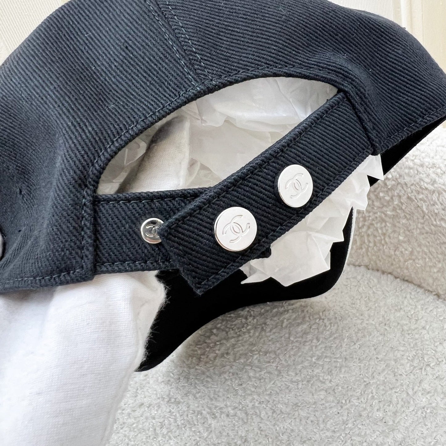 Chanel Baseball Cap with White Embroidered CC Logo in Black