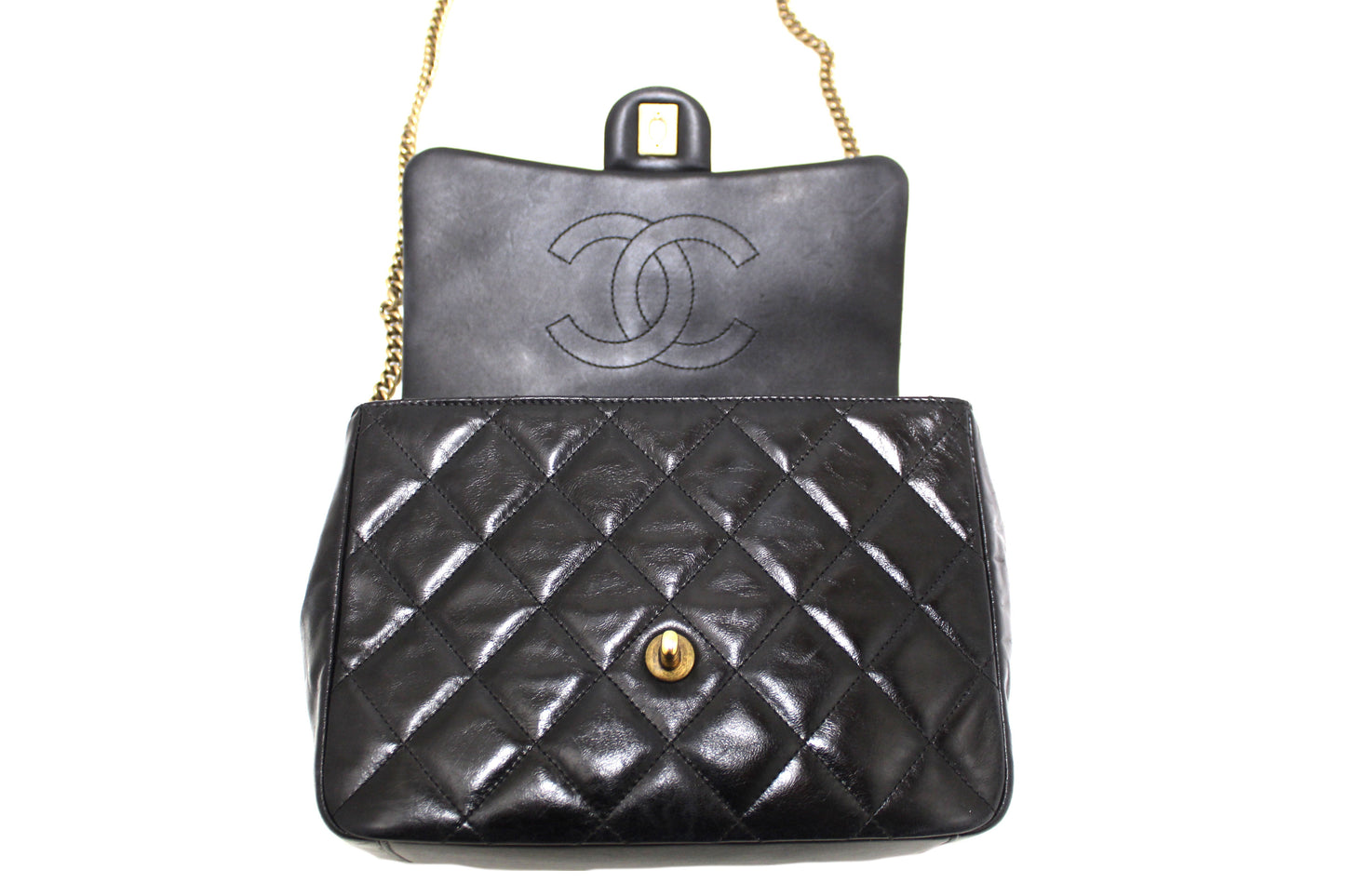 Chanel Black Aged Quilted Calfskin Leather Gold Bar Top Handle Medium Flap Bag