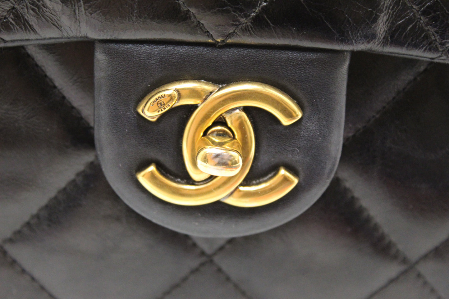 Chanel Black Aged Quilted Calfskin Leather Gold Bar Top Handle Medium Flap Bag