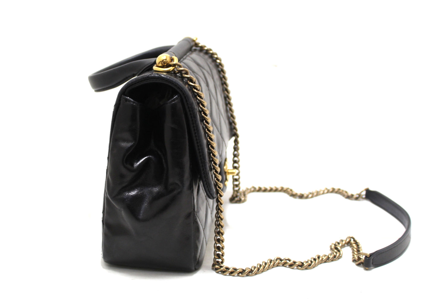Chanel Black Aged Quilted Calfskin Leather Gold Bar Top Handle Medium Flap Bag