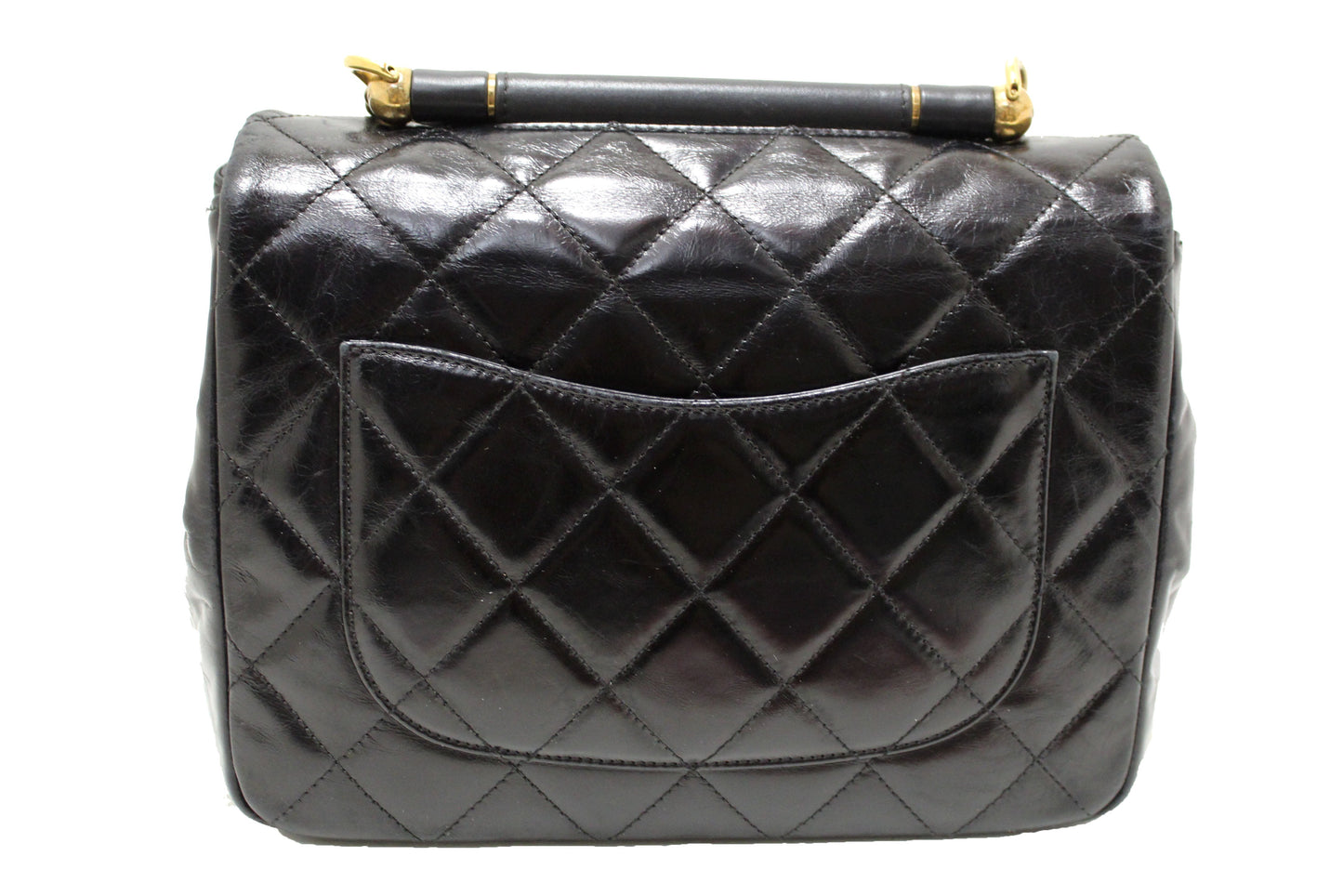 Chanel Black Aged Quilted Calfskin Leather Gold Bar Top Handle Medium Flap Bag